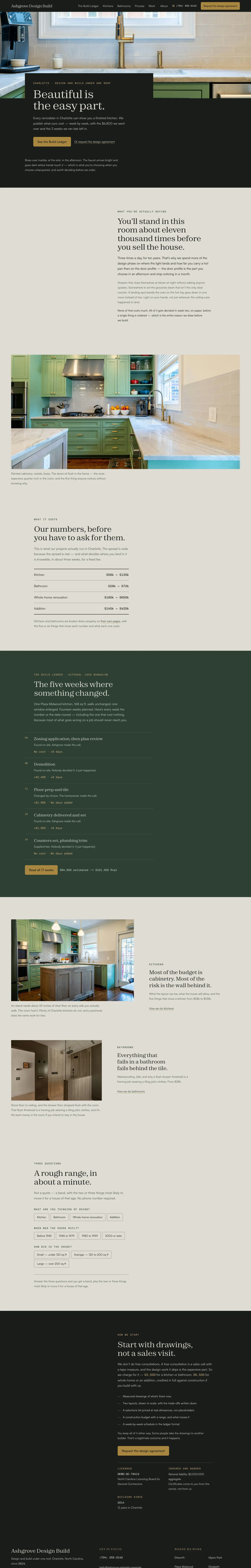 The Ashgrove Design Build home page, from top to bottom