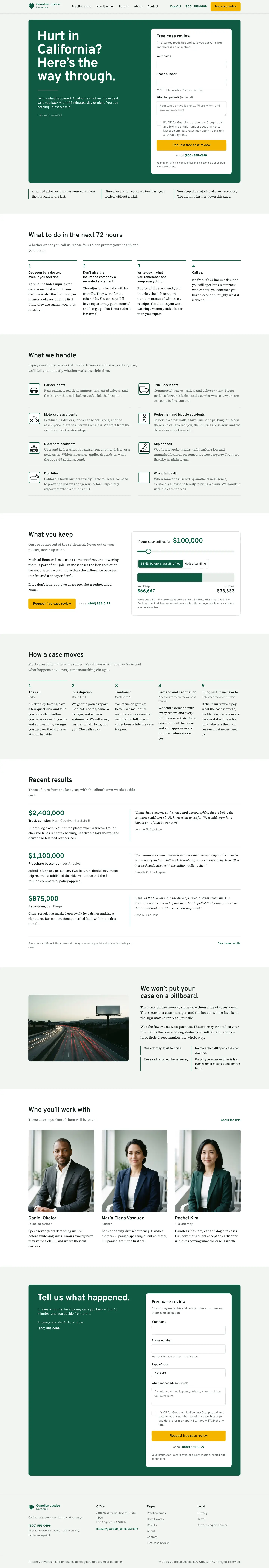 The Guardian Justice Law Group home page, from top to bottom