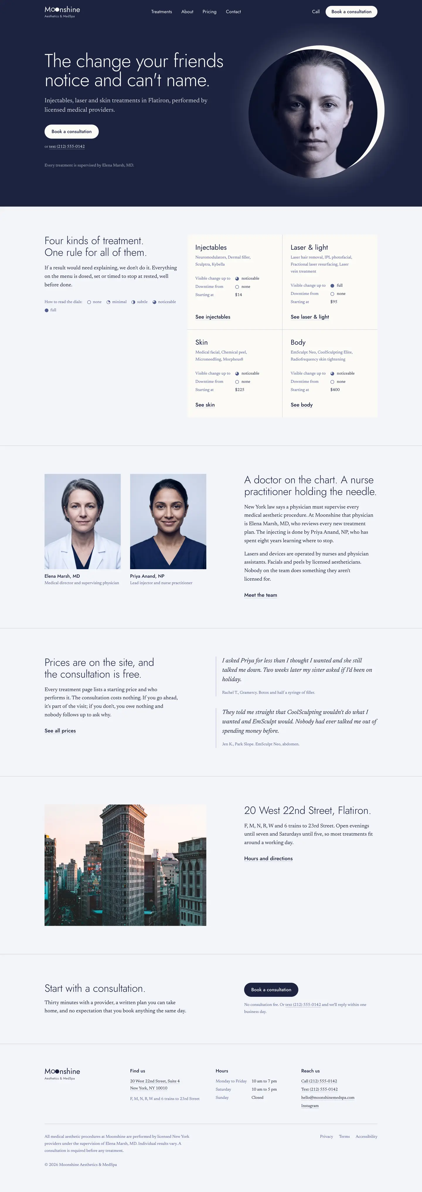 The Moonshine Aesthetics & MedSpa home page, from top to bottom