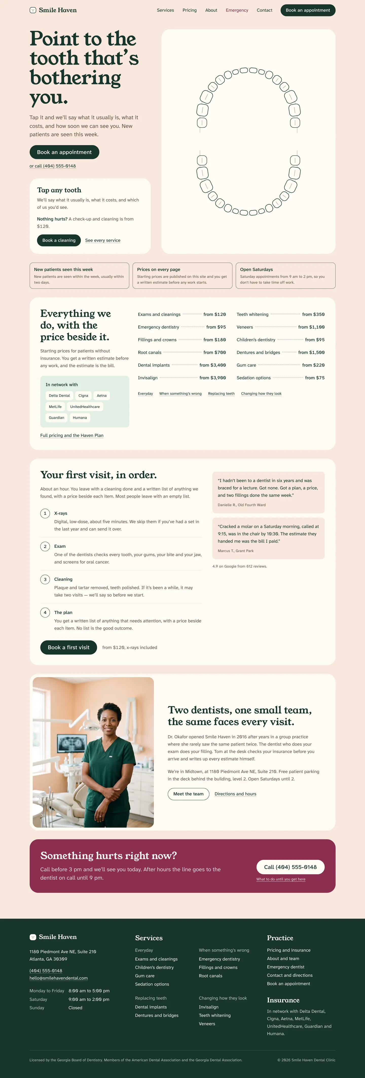 The Smile Haven home page, from top to bottom