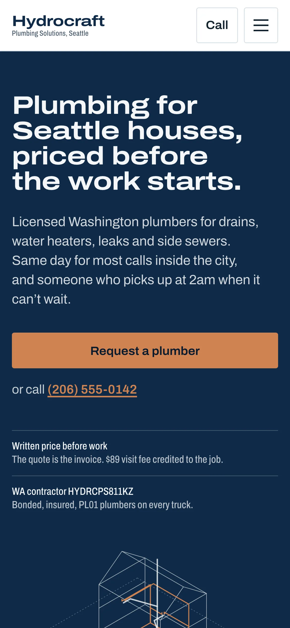 The Hydrocraft Plumbing Solutions website on a phone