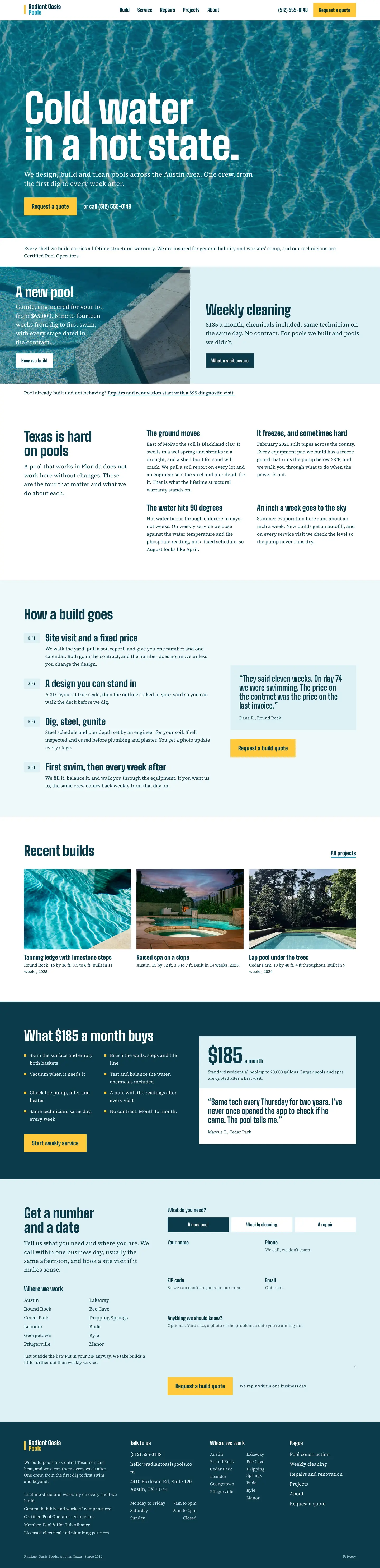The Radiant Oasis Pools home page, from top to bottom