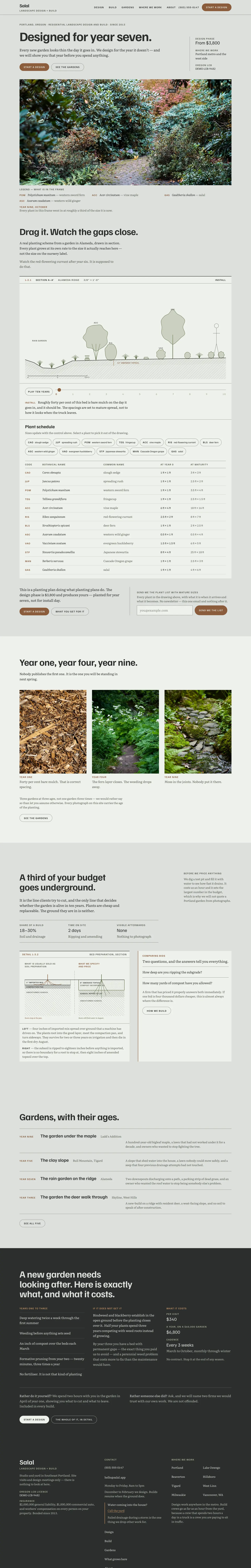 The Salal Landscape Design + Build home page, from top to bottom