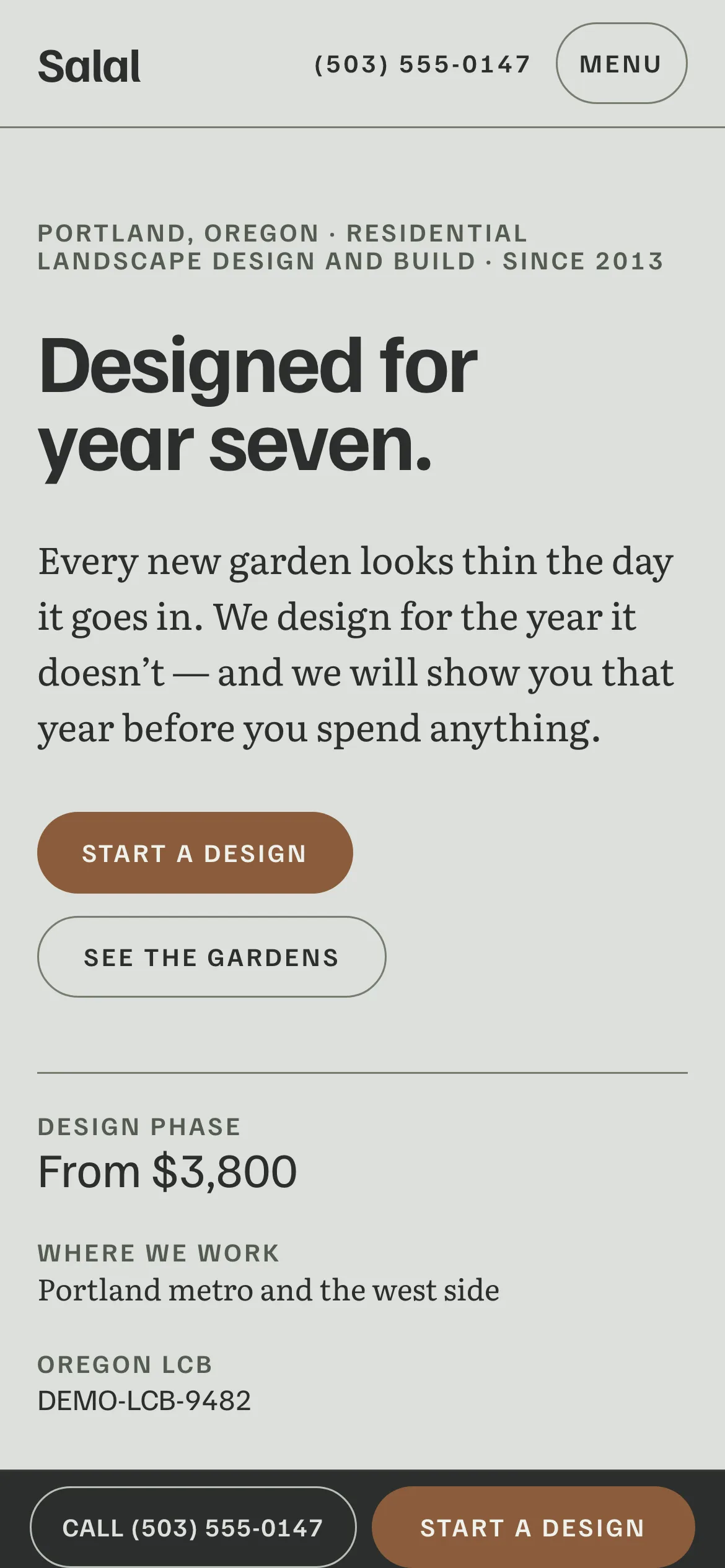 The Salal Landscape Design + Build website on a phone